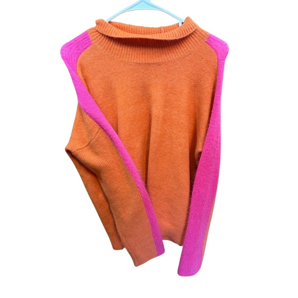THML Orange and Pink Colorblock Mock Neck Fuzzy Knit Sweater Womens Large